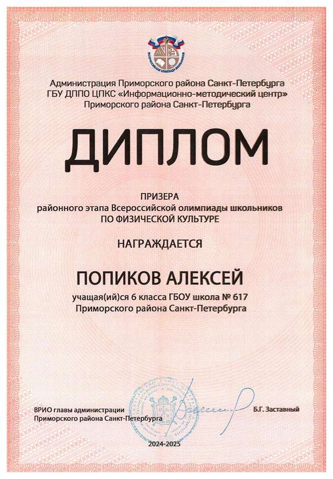 2024-2025 Попиков Алексей 6л1 физическая культура (Тронь Т.И.)